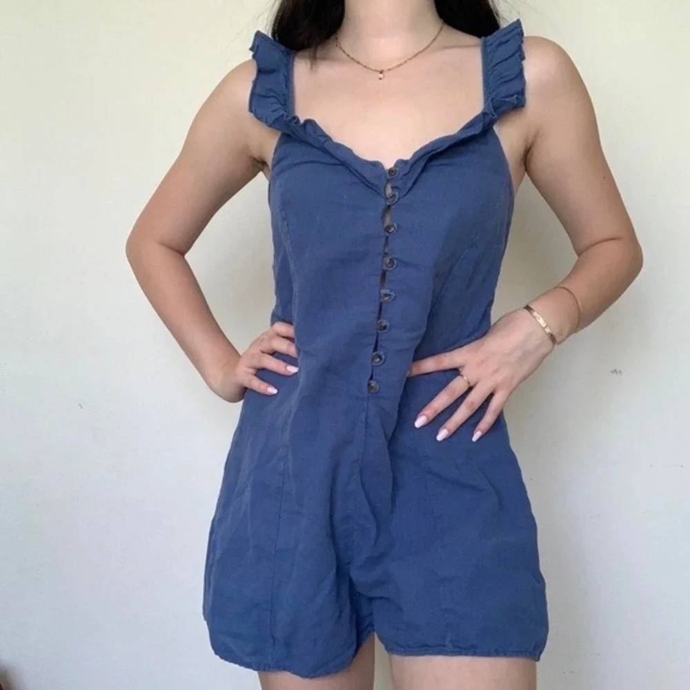 Zara Blue Ruffle Button Front Linen Blend Romper Sleeveless Womens Size Medium